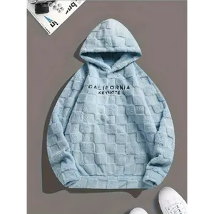 Trendy Fleece Hoodie with "CALIFORNIA KEYNOTE" Letter Embroidery, Chic Design Men's Plaid Pattern and Textured Hooded Sweatshirt for Daily Outerwear