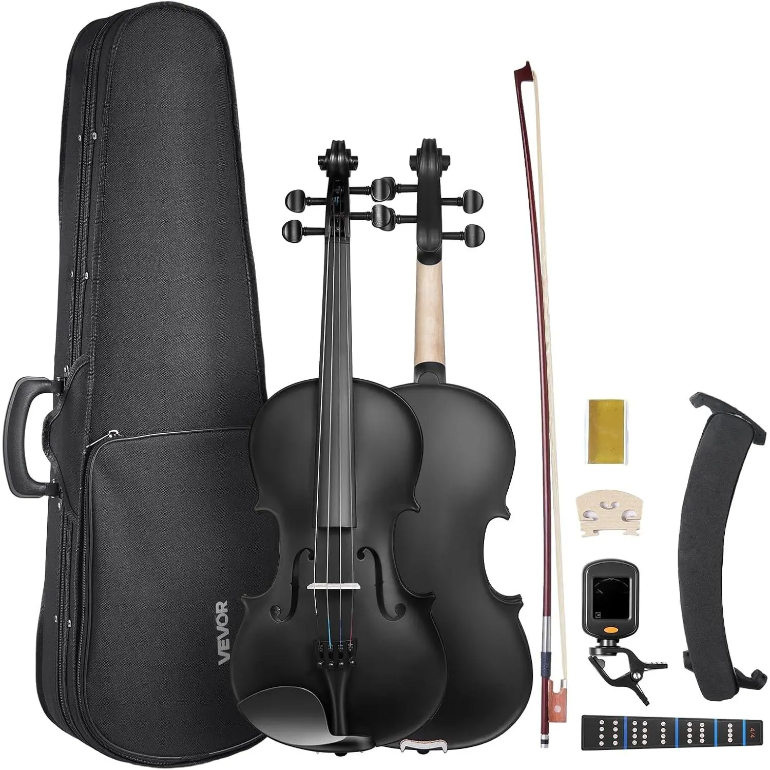 VEVOR Violin 4/4 Full Size for Adults, Violin Fiddle Set for Beginners Student with Hard Case, Rosin, Bow, Shoulder Rest, Bridge, Tuner and Extra Strings, Professional Solidwood Instruments (Black)