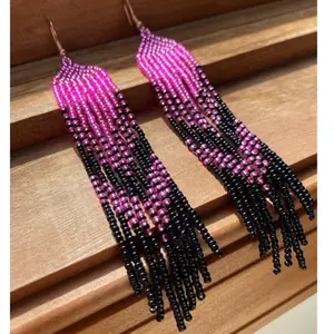 Long Black and Hot Pink Beaded Fringe Earrings