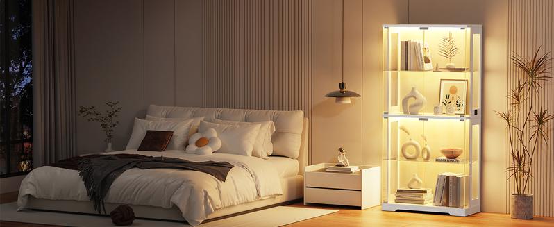 BROTTAR Display Cabinet with Glass Doors, 4-Tier Curio Cabinet with 3 Color Lights for Collectibles, 65" Lighted Glass Display Case with Transparent Full-Display Surface, Human Body Sensor, Black