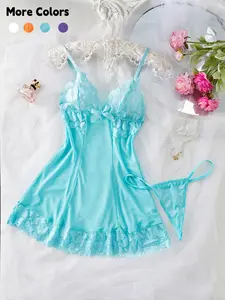 Women's 2pcs Bow Front Contrast Lace Cami Nightdress & Thong Set, Elegant Sexy Adjustable Spaghetti Strap Nightgown For All Seasons, Women Sexy Lingeries & Costumes For Daily Wear
