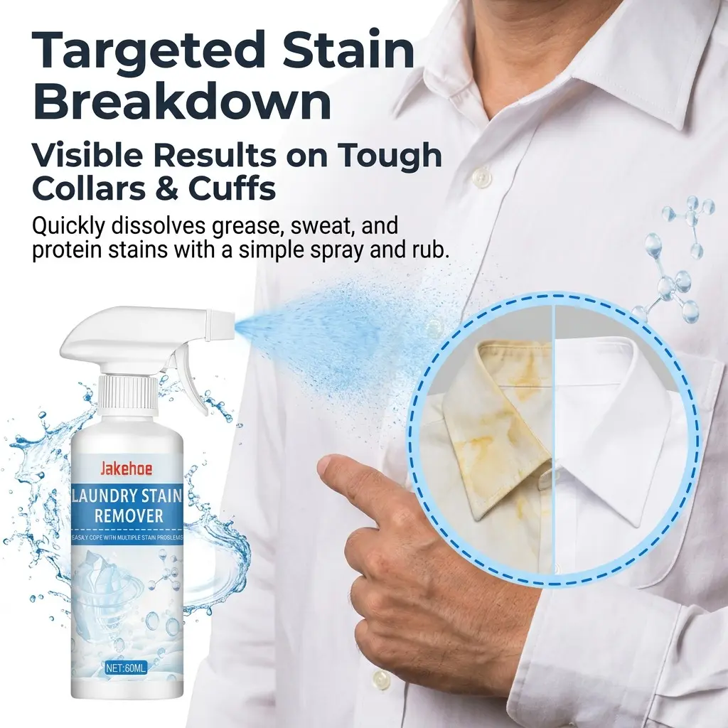 Stain remover spray for clothes, pre-treatment for stubborn stains, removes oil stains, sweat stains, and protein stains from collars and cuffs, spot clean and stain remover for clothes (no scrubbing required).
