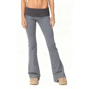 Women’s Fold Over Leggings Fashion Low Waist Stripes PrintFit Flare Pants Sweatpants