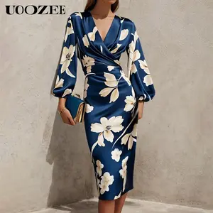 UOOZEE high-end satin print dress for women's fashion, deep V-neck, cinched waist, slimming lantern sleeves, temperament, commuting mid length, hip hugging skirt