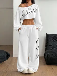 Women's Asymmetrical Shoulder Short Sweatshirt Set, Simple Letter Print, Street Style Straight Leg Pants, 2 Piece Sportswear, Streetwear Tracksuit Set
