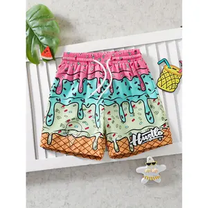 Boys' Colorful Ice Cream Print Swim Shorts - Bohemian Style Non-Stretch Polyester Beach Trunks with Adjustable Drawstring Waist, Playful Cartoon Design & Machine Washable for Summer Beach, Pool & Water Play