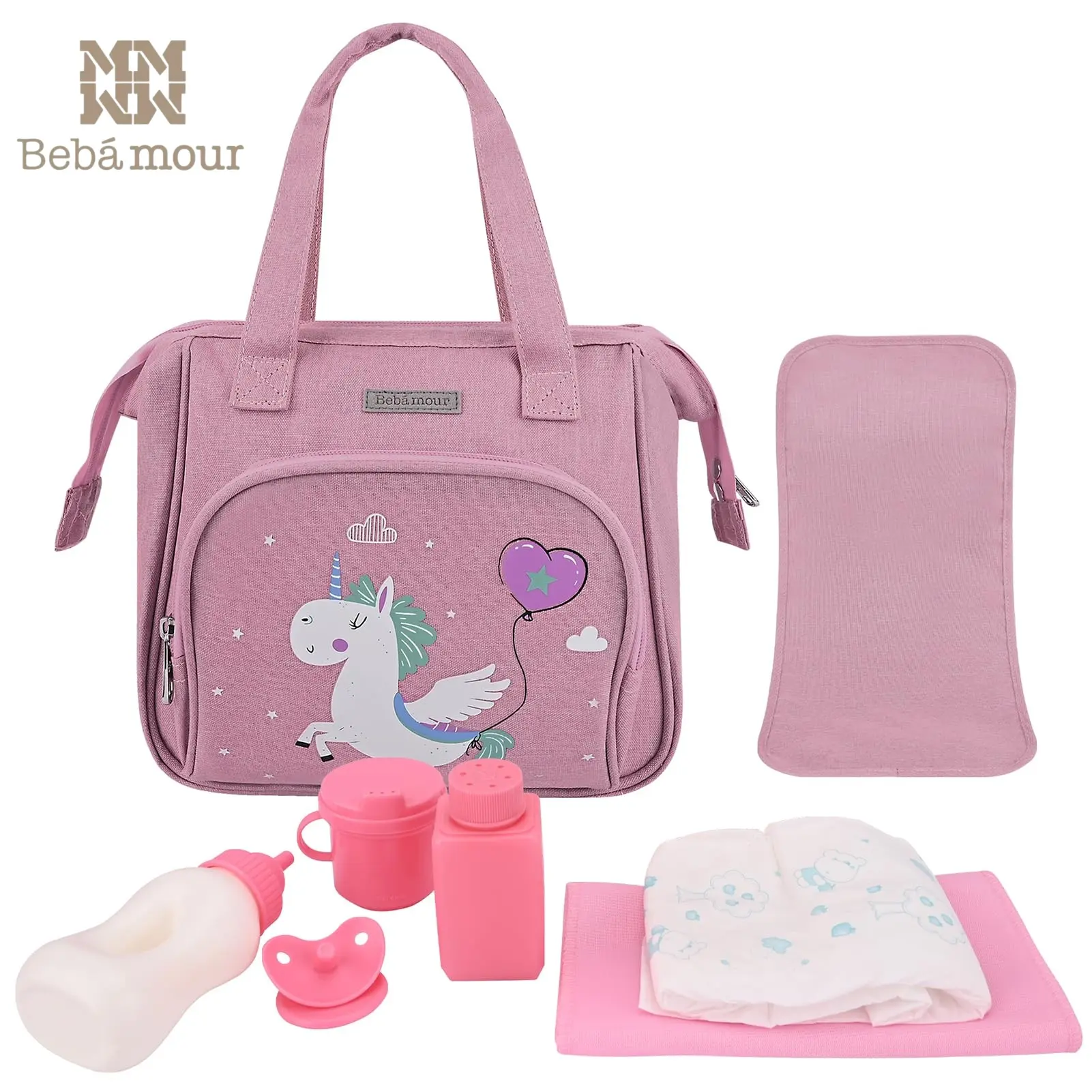 Bebamour Unicorn Baby Doll Changing Bag with Doll Changing Pad Carry Baby Doll Accessories Fashion Kids Bag for Baby Girl