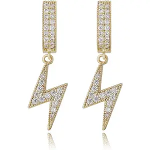 Lightning Bolt Dangle Earrings 14K Gold 5A+ Cubic Zirconia Hanging Hoop Lightning Drop Cool Dangling Earrings For Men Women Trendy