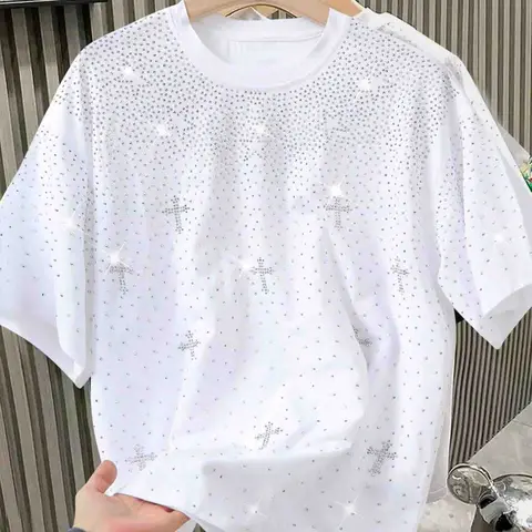 Men's short-sleeved round neck shirt, black, adorned with rhinestones, loose and square cut, Casual, mature urban style, Menswear, Tops, suitable for work and everyday wear, also a perfect gift for boyfriend/husband, couple's set, Oversized t shirt