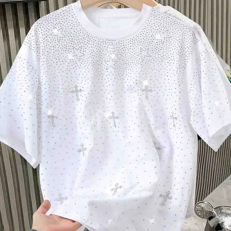 Men's short-sleeved round neck shirt, black, adorned with rhinestones, loose and square cut, Casual, mature urban style, Menswear, Tops, suitable for work and everyday wear, also a perfect gift for boyfriend/husband, couple's set, Oversized t shirt