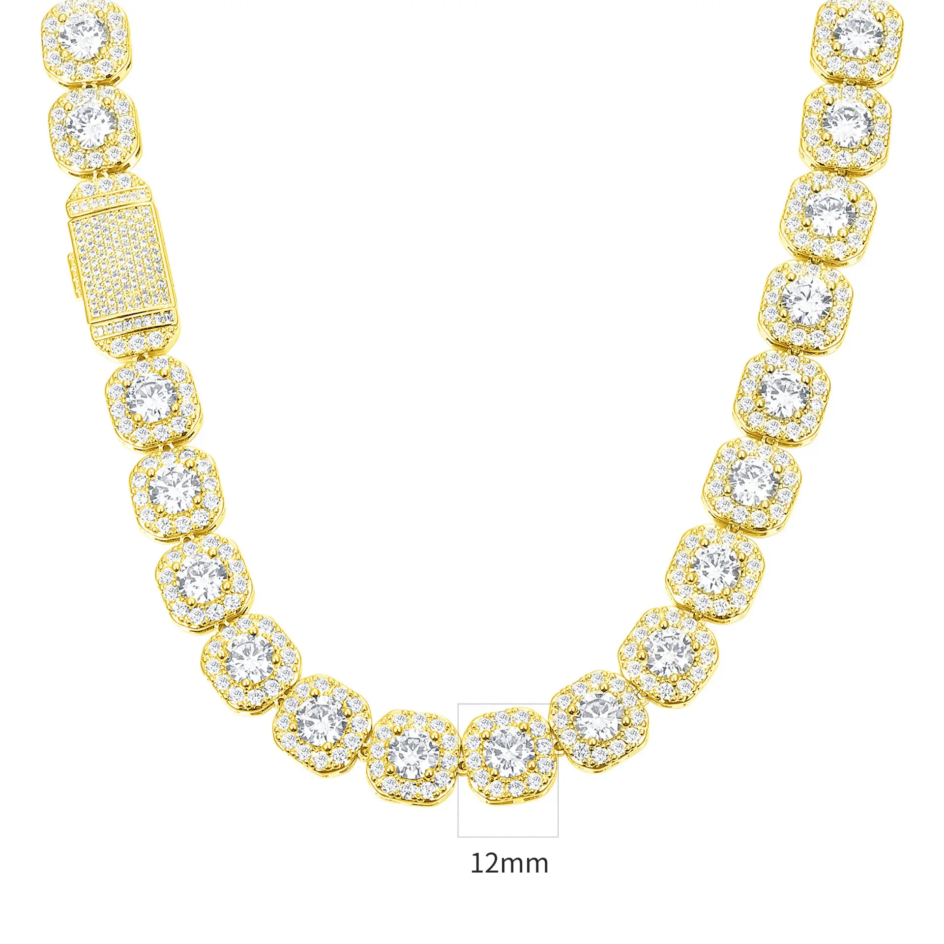Male Cuban Zirconia Necklace, 12MM Round Halo Iced Out 16-24In Chain & Link Hip Hop Jewelry, 18In Casual Accessory Necklace with Cuban Style Round Cubic Zirconia Halo Design