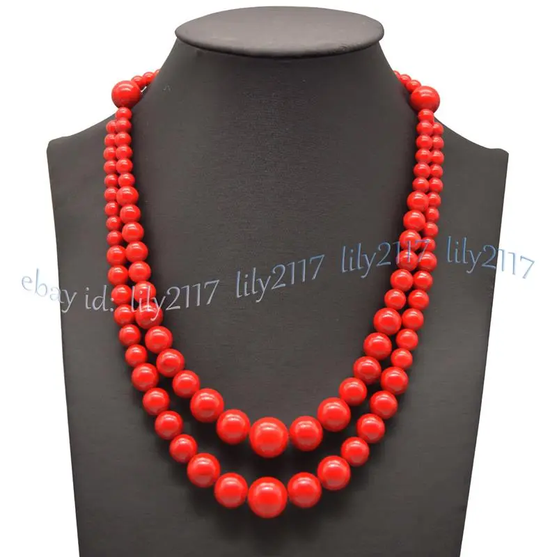 Natural 2 Rows 6-14mm South Sea Red Coral Round Gemstone Beads Necklace 18-20''