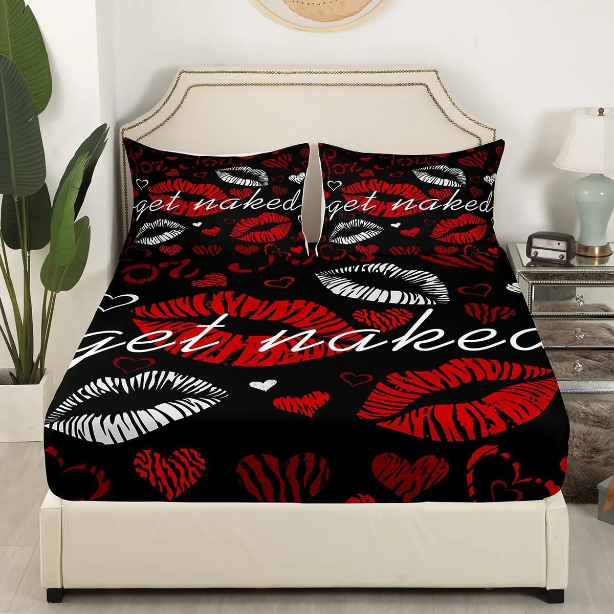 Feelyou Full Size Fitted Bed Linens Set - Comfy Bedding with Sheets, Funny Get Naked Theme, Sexy Red-White Lips Kiss Pattern for Couples, Washable, Tumble Dry Low