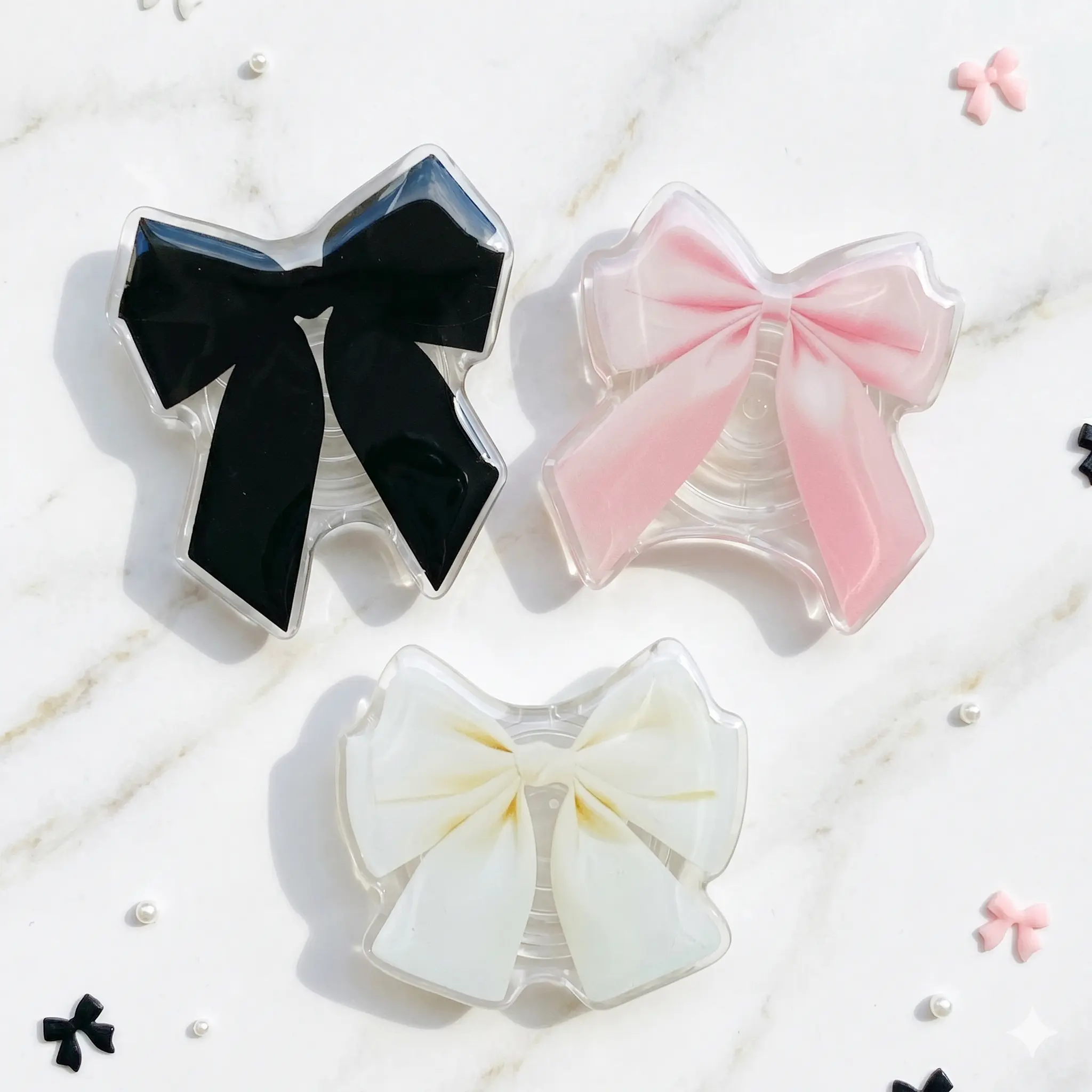 Cute Bow Phone Grip with Glossy Acrylic Top, Coquette Ribbon Phone Holder for Girls, Teens, Bags and Everyday Phone Decor