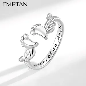 EMPTAN Adjustable Angel Wing Design Ring, Sterling Silver "Mommy of an Angel" Ring, Miscarriage Memorial Jewelry for Mothers, Sympathy Gift for Loss of Child