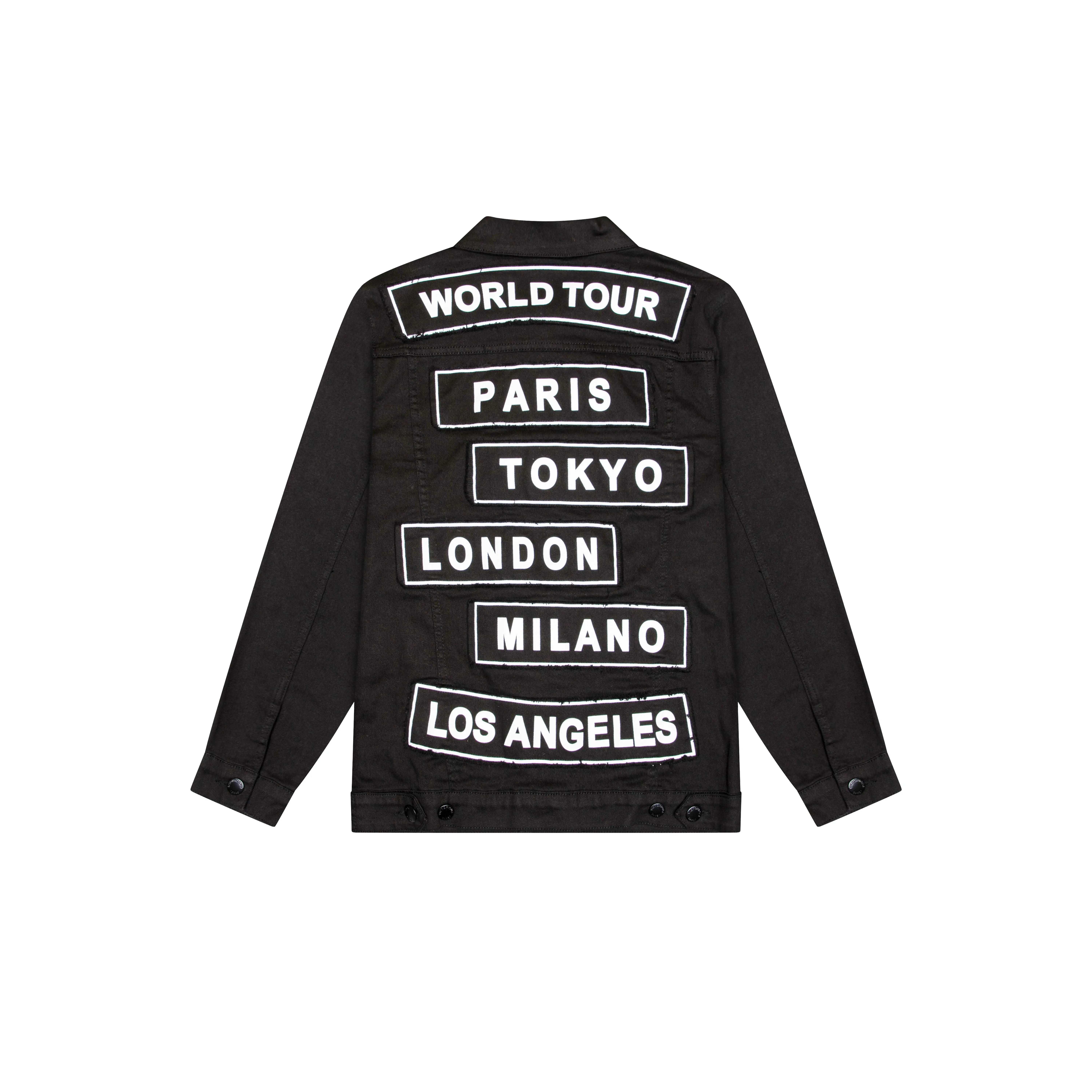 VICTORIOUS Men's World Tour Patched Denim Coat - Casual Distressed Cotton Top with Long Sleeves and Pockets, Tops, Coats, Outfits, Vibe, Stylish, Street Wear, Menswear, Jacket, Loose, Longsleeves, Solid, Versatile Pairing, Buttons