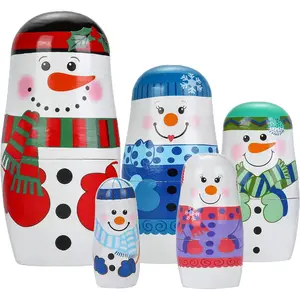 5pcs Handmade Wooden Russian Nesting Dolls Snowmen Matryoshka Dolls Christmas Birthday Gift