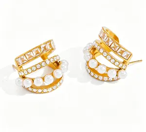Hand Star Stainless Steel C-Shaped Earring Stack - Rhinestones, Faux Pearls, Elegant Design for Casual & Formal Occasions, Sparkly with Movement, Mother's Day Gift outdoorfun