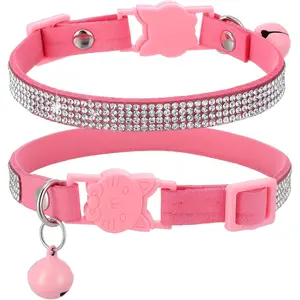 Adjustable Breakaway Soft Velvet Pink Cat Collar With Rhinestone Bell Cute Comfy For Girl Boy Kittens Tiny Little Pets Rabbits