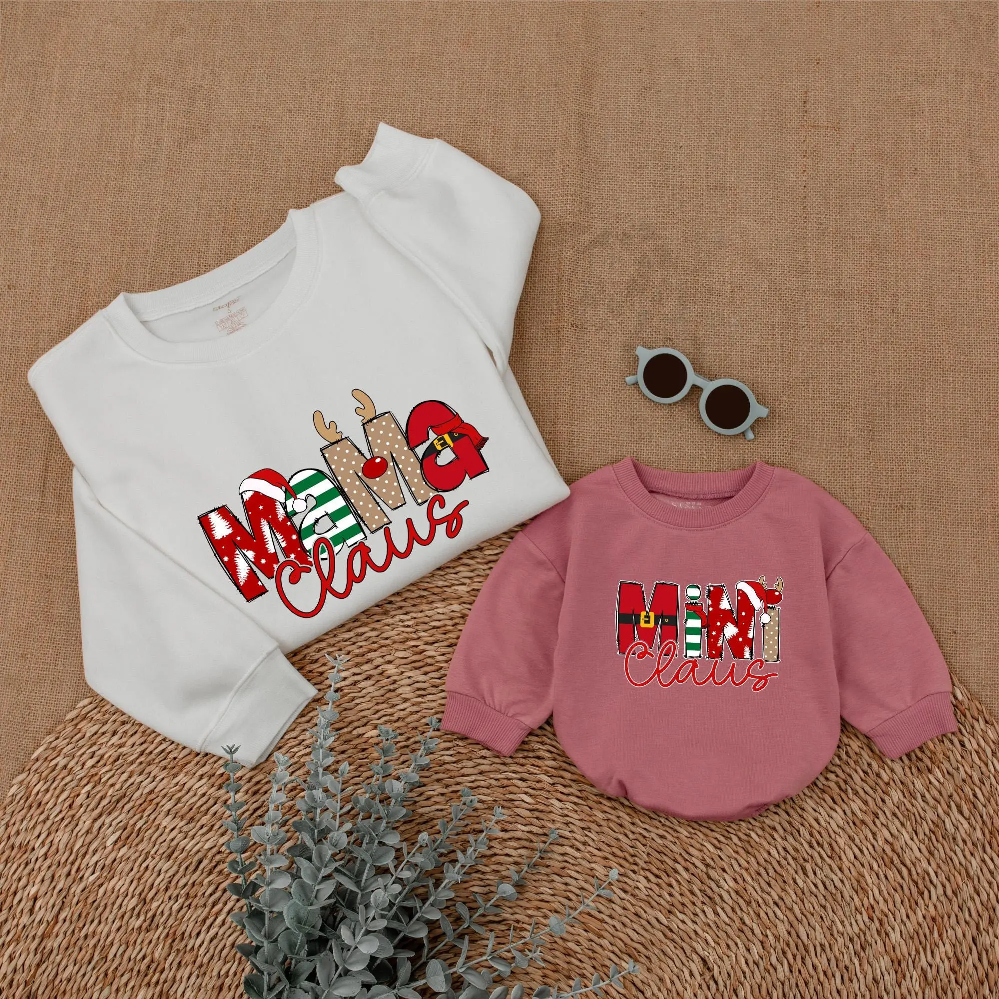 Family Christmas Sweatshirts Mama and Mini Claus Shirts Mommy and Me Matching Sweater for Mom and Baby Girl Romper Suits Casual Crewneck