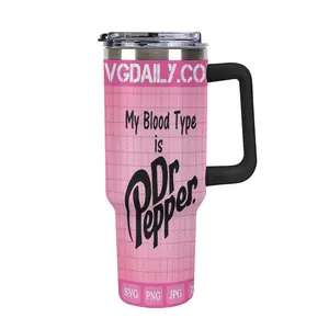 Dr Pepper Tumbler 40oz, My Blood Type Is Dr Pepper Tumbler With Handle, Pink Grid Stainless Steel Tumbler 40oz, Funny Enthusiast Gift, Large 40oz Pink Travel Tumbler,Unique Gift For Dr Pepper Lover