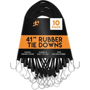 Rubber Bungee Cords with Hooks 10 Pack 41 Inch (62" Max Stretch) Heavy-Duty Black Tie Down Straps for Outdoor, Tarp Covers, Canvas Canopies, , and Cargo - by