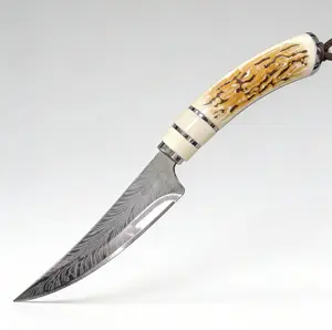 Feather pattern forging and bone removal knife, 7-inch professional slaughter knife with deer antler like handle, full dragon bone kitchen meat knife, essential for camping and barbecue