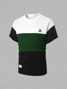 Men's Fashion Casual Colorblock T-Shirt, Loose-Fitting Crown Print, All Seasons Wear, Simple Style, Comfortable Clothing