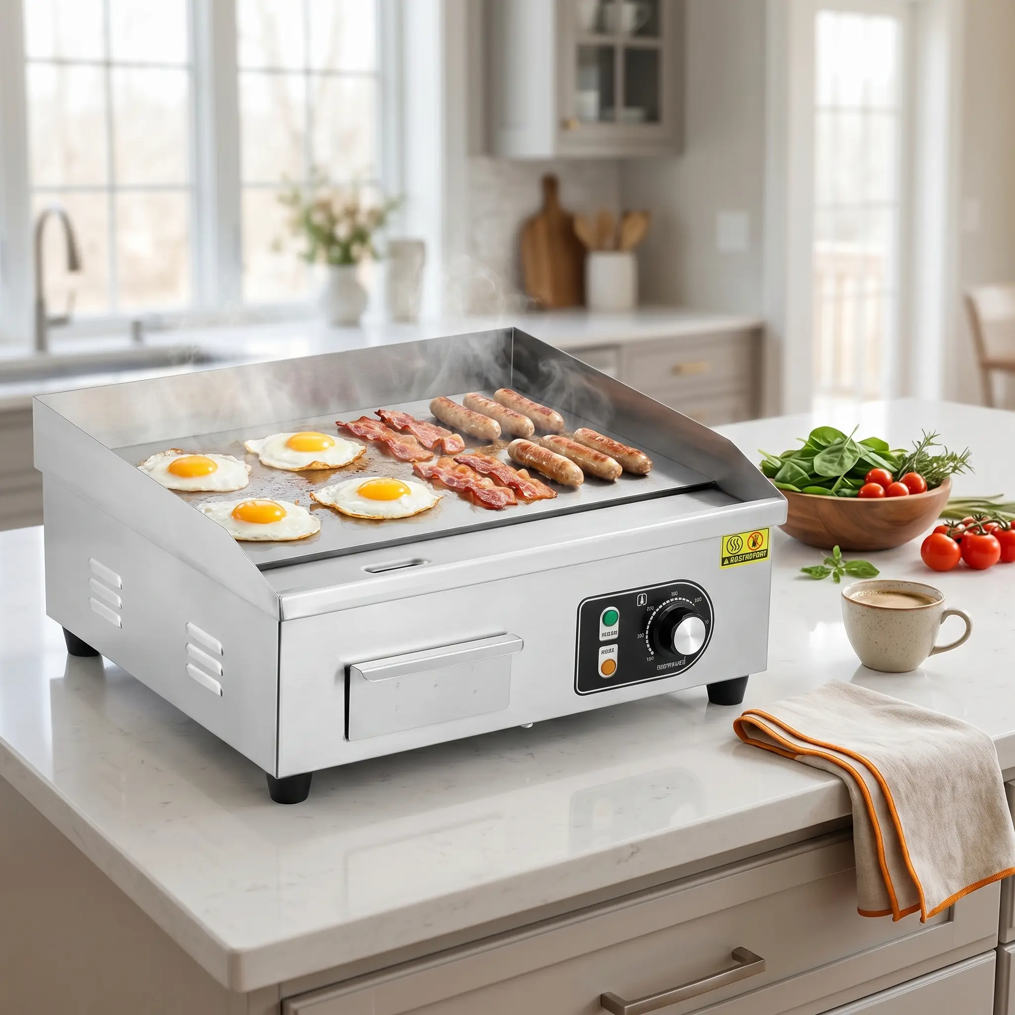 【GARVEE】Commercial Electric Grills in 14, 18, 22, and 30-inch Sizes with 1500W to 3000W Power, Non-Stick Stainless Steel Surface, and Adjustable Temperature Control from 122°F to 572°F for Home and Restaurant Use