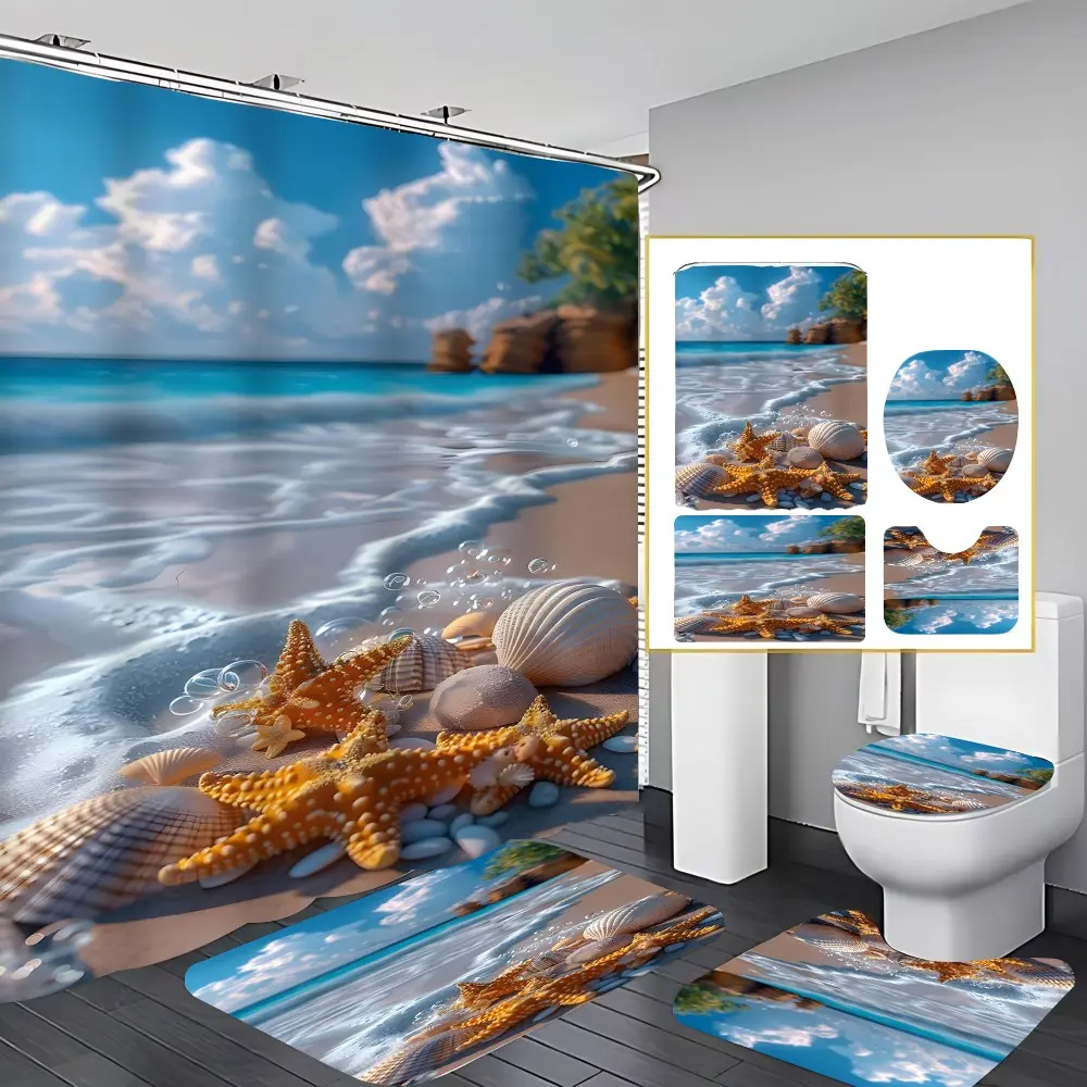 4 Pcs Beach Starfish Seashell Bathroom Curtain Sets with 12 Hooks,Tropical Ocean Shore Large Waterproof Thickened Mildew Proof Bathroom Partition Curtain,Bathroom Shower Curtain,Toilet Lid Cover,Non-Slip Bathroom Rugs and U Shape Bath Mat,Modern Decor