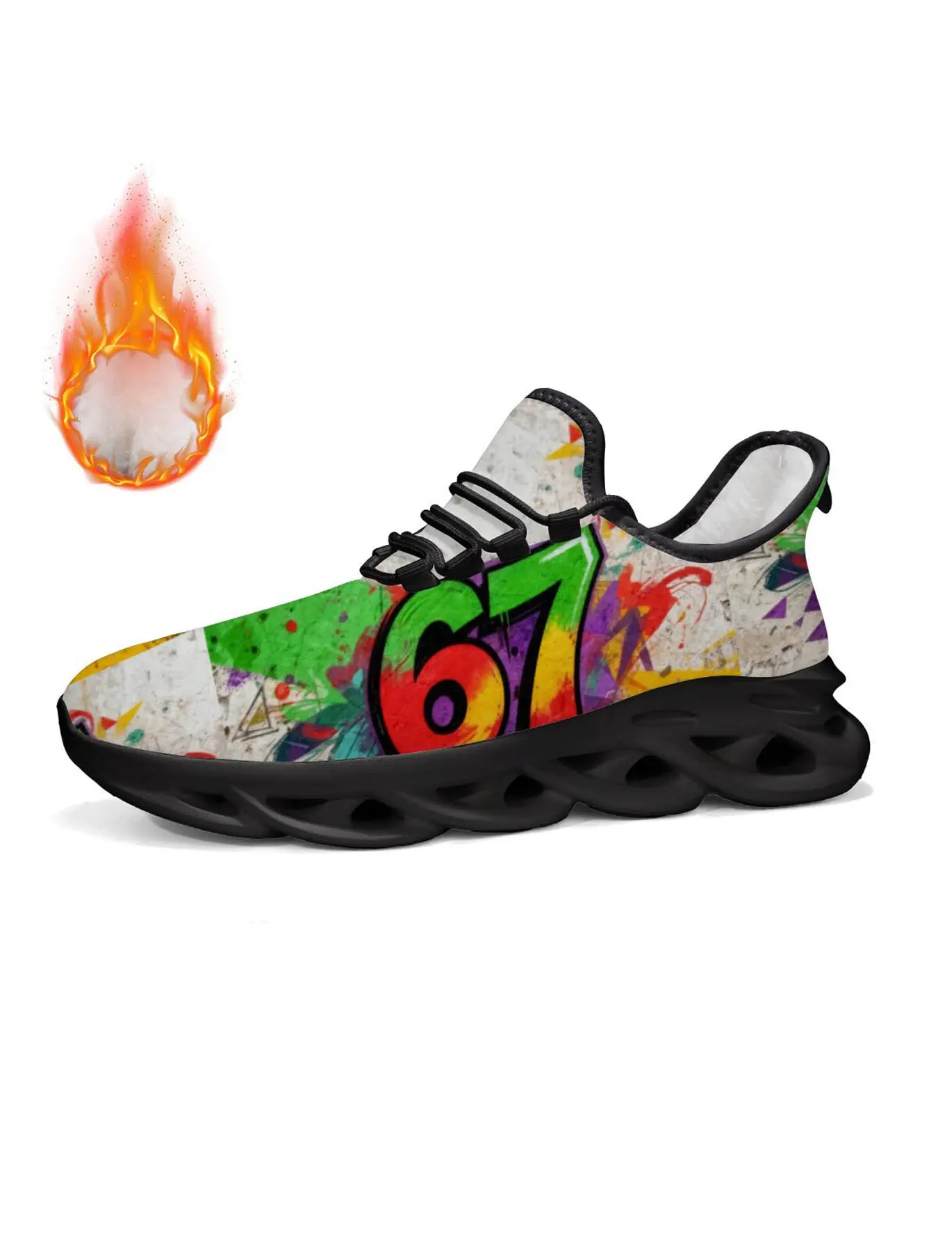 Exclusive Graffiti Style Sports Shoes, Unique Print Number 67 Pattern, Fashion Streetwear, Trendy Thick Sole Design, Casual Men's Sneakers, Fashionable Sneakers, Thick Soled Sneakers, Graphic Print Sneakers