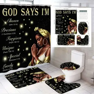 1/4pcsGOD SAYS I’M Chosen/Precious/Forgiven/Unique/Special/Lovely Bible Verse Bathroom Curtain Set - Black Base Golden Accents African American Woman Pattern, Matching Bath Mat Toilet Seat & Lid Cover - Divine Uplifting Home Decor for Sunday, Easte