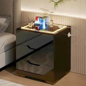 Nightstand with Wireless Charging Station & 2 USB, LED Smart Night Stand Bedside Table End Table with 3 Drawers, 3 Color Dimmable, Adjustable Brightness Embedded LED Light Strip for Bedroom