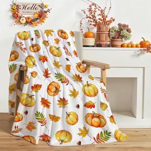 Fall Pumpkin Throw Blanket, Fall Leaves Pumpkins Autumn Thanksgiving Soft Warm Fleece Throw Blanket Home Decorations for Bed Sofa Couch Travel 50"x60" (50"x60"), 1 count, Print on One Side with a Plain White Back