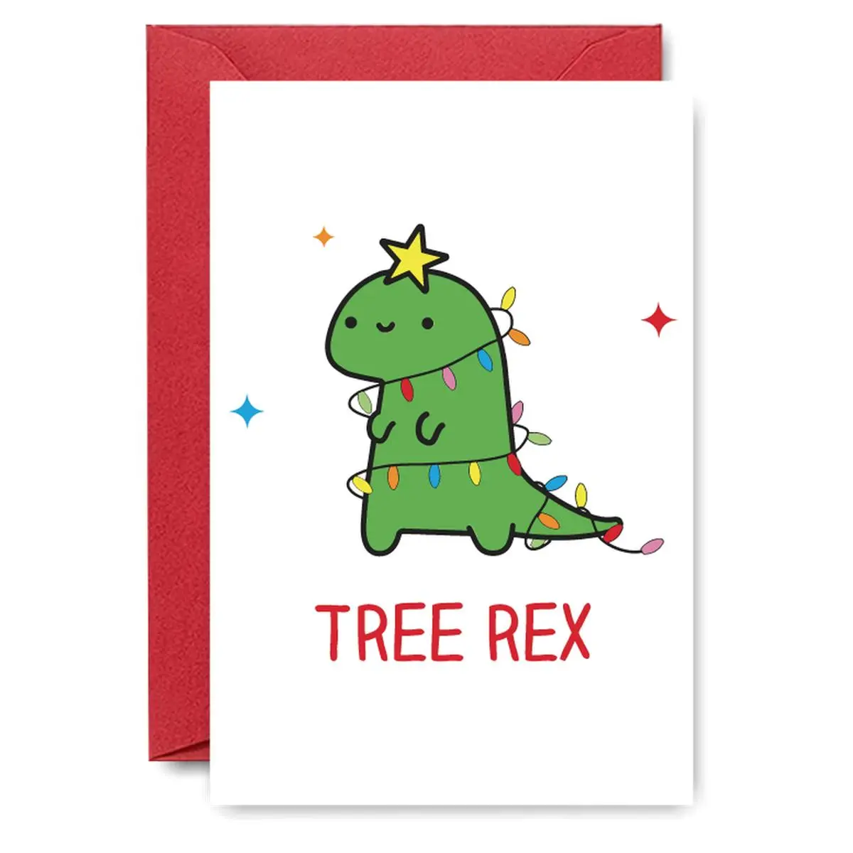 Tree Rex Dino Christmas Card - Dinosaur Xmas Tree with Lights, "TREE REX" Red Quote, Cute Star Accent, Suitable for Kids, Unique Holiday Gifts