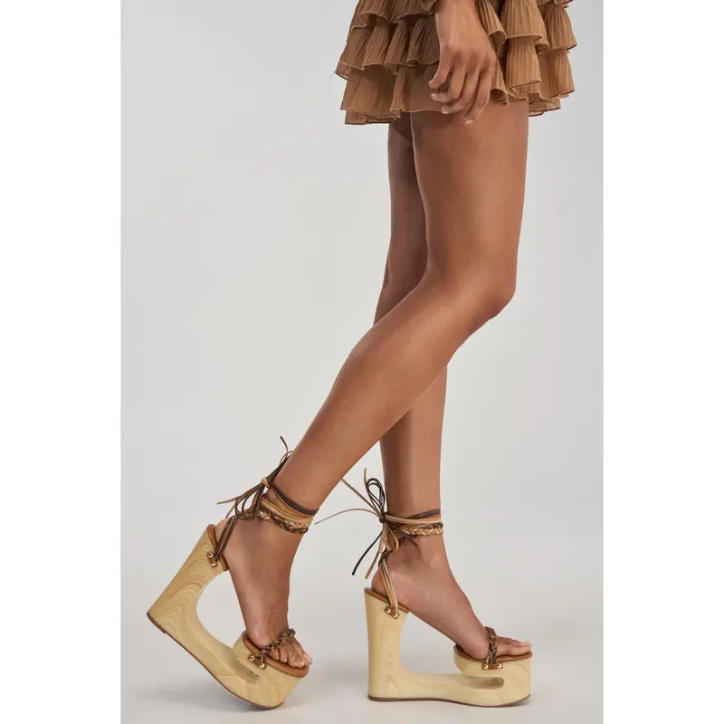 AZALEA WANG FANTASA BROWN HALLOW PLATFORM WEDGE STRAPPY SANDAL