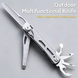 VerveWave 10 In 1 Hard Stainless Steel Multitool, Foldable Self-Locking Multi-tool Pocket Knife with Belt clip, First Aid Scissors, Saw, Bottle Opener, Sickle, EDC Multitool Emergency