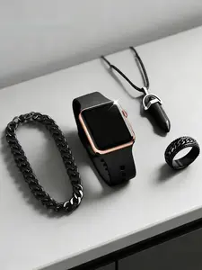 Men's Square Rose LED Electronic Casual Wristwatch Set, Bullet Pendant Necklace Bracelet Ring, Daily Wear, Party, Travel, Best Birthday Gift, Square Dial Wristwatch, Square Watches