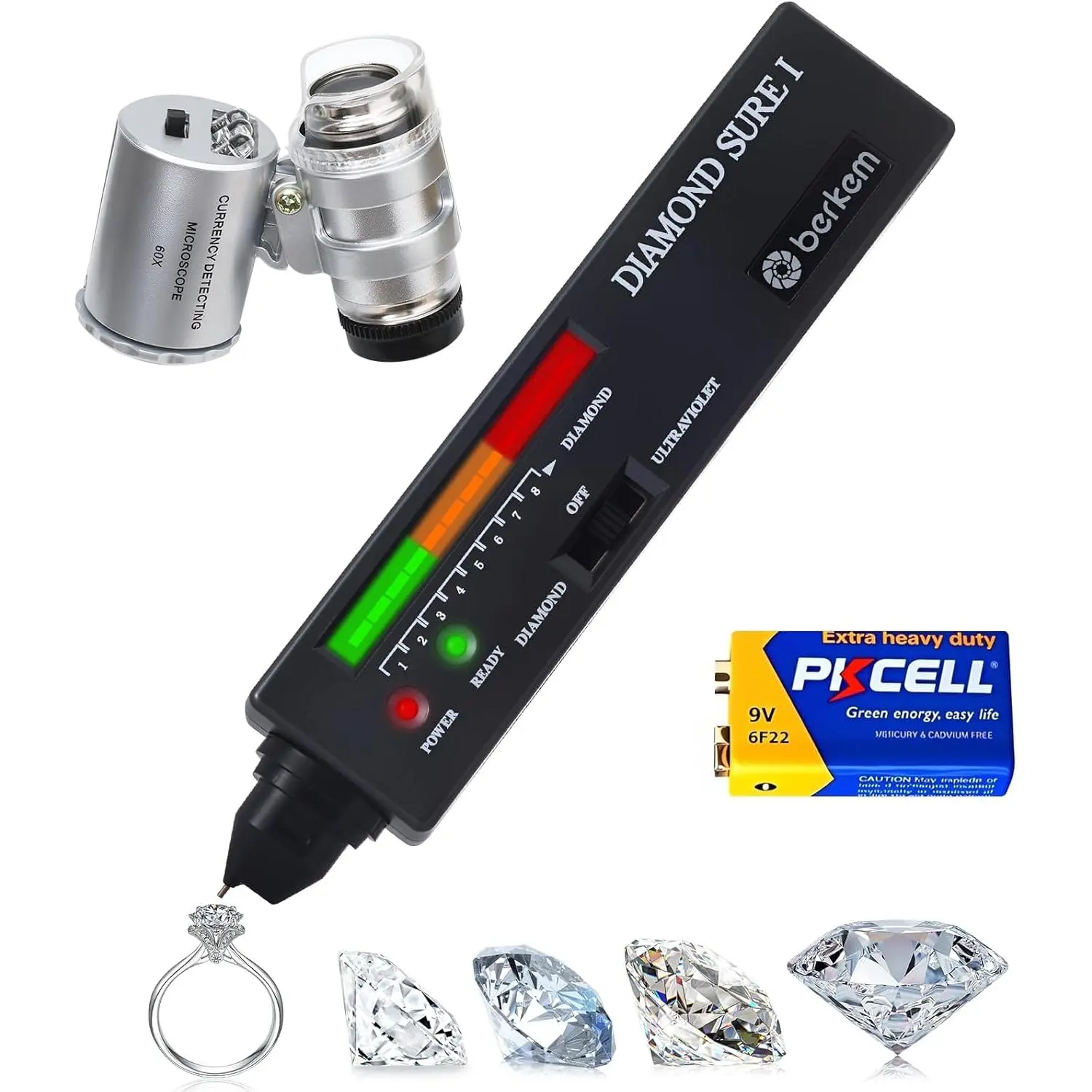 Tester Kit with 60X Loupe & UV Light, Thermal Conductivity Tester Pen for Real Diamonds, Detects CZ, LED & Audible, Tests Small & Mounted Jewelry (2pt / 0.02 ct+)