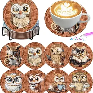8 pieces/set of diamond art painting coasters with brackets, DIY owl patterned diamond art coasters, Coffee Table Mat, suitable for both adults and beginners as diamond painting sets, diamond set craft supplies, exquisite gifts for friends