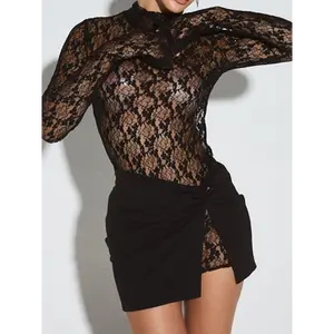 2025 New Set of Solid Color Lace See-Through Long Sleeve, Hip Wrap Skirt Two-Piece Set.