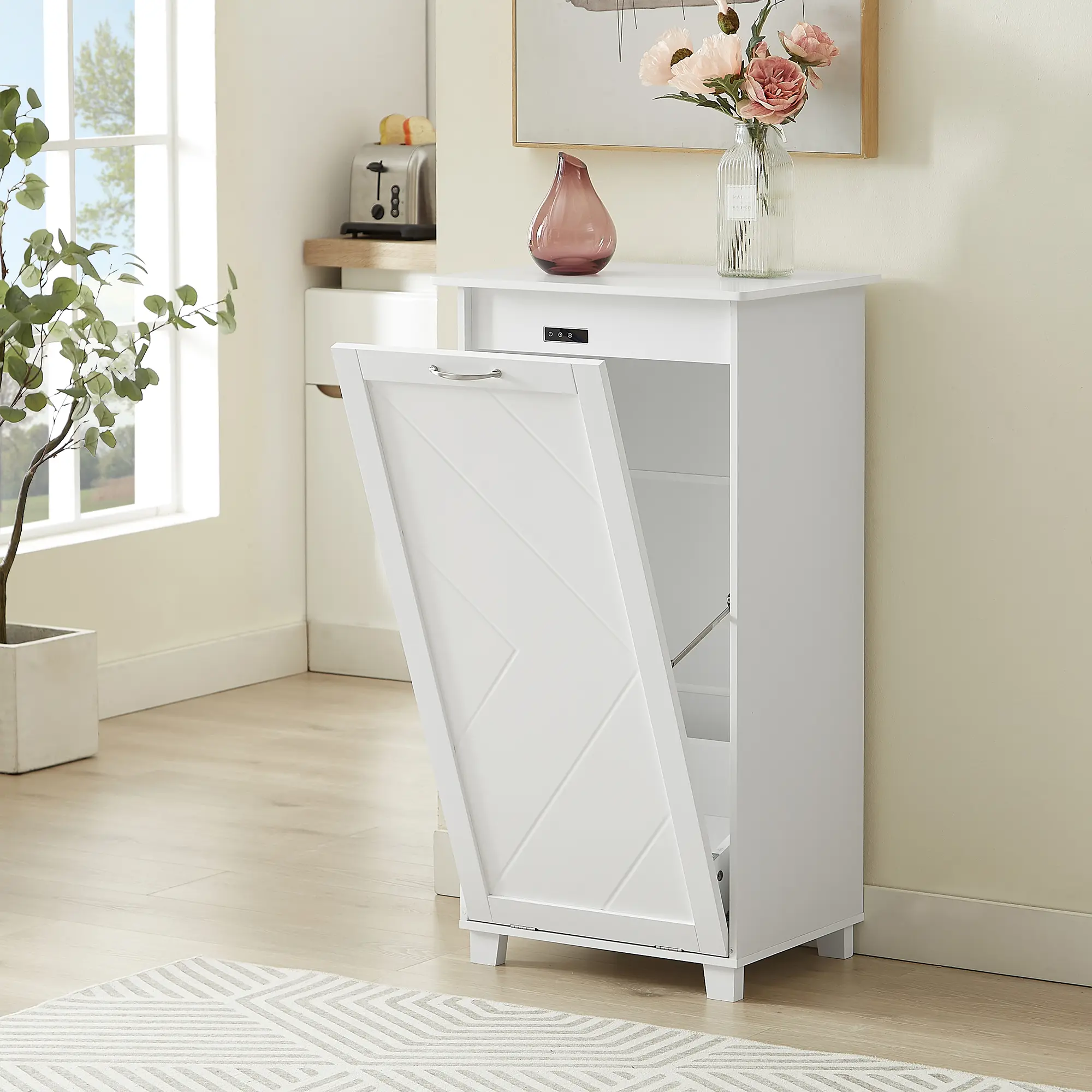VECELO Tilt Out Trash Bin Cabinet Wooden with Negative Ion and Deodorizing Function Kitchen Recycling Trash Can Laundry Sorter