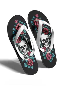 Women's Colorful Skull & Rose Pattern Slides, Casual Comfortable Home Slippers, Soft Non-slip Slippers for Indoor & Outdoor Wear, Shoe
