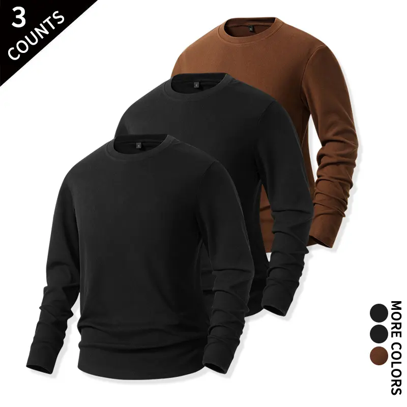 Men Stretchy Fleece Long Sleeve Shirts 3‑Pack Solid Crew Neck Warm Inner Layering Top For Autumn Cold Weather Daily Wear