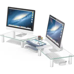 Dual Monitor Stand - Adjustable Length and Angle Dual Monitor Riser, Desktop Organizer for PC, Computer, Laptop (Clear)