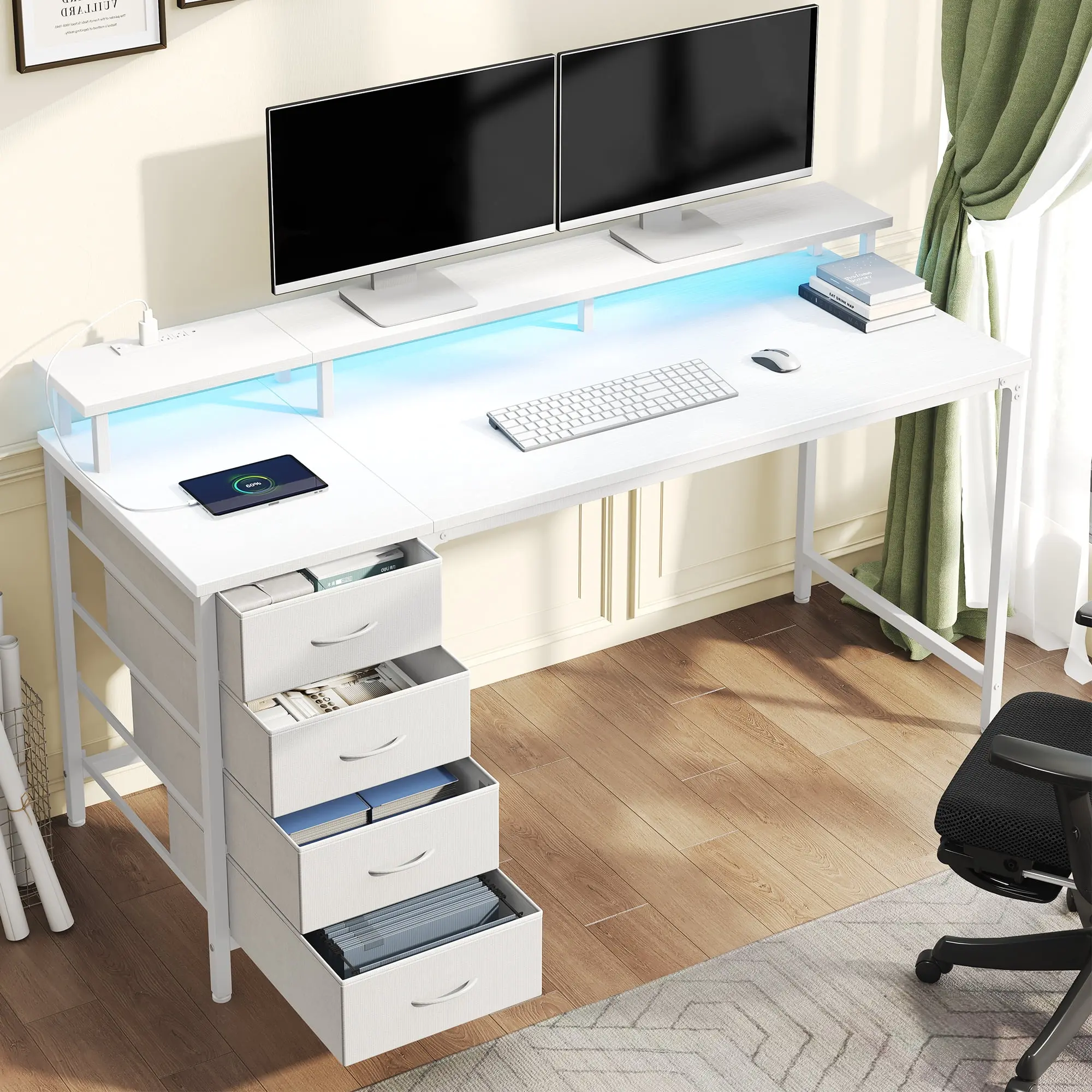 Gianna 40-Inch Office Gaming Desk with Power Outlets, LED Lights, 4 Drawers, and Monitor Stand for Small Spaces, White