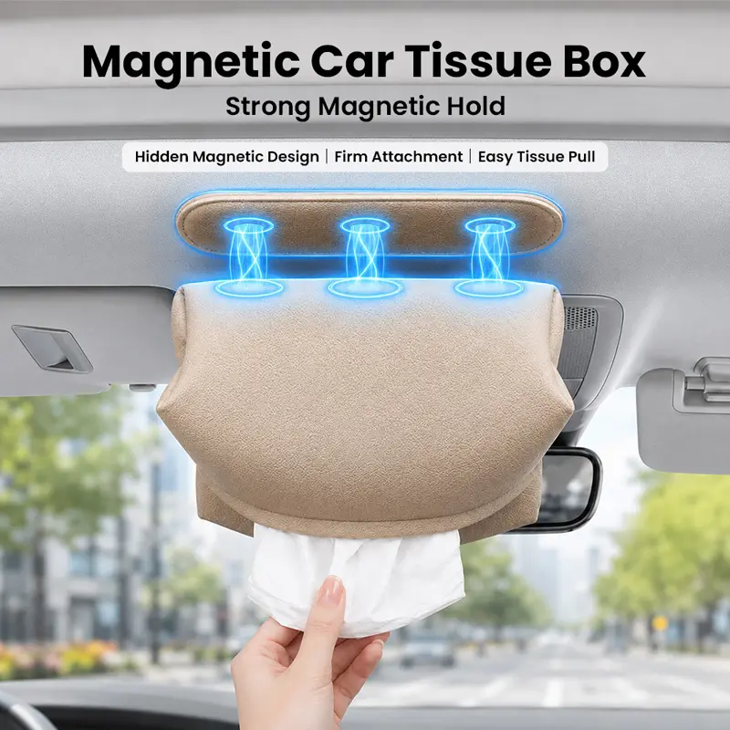 Magnetic Leather Tissue Holder - Premium Leather Feel Car Interior Stowing & Tidying Accessory, Easy Mount Strong Hold, Easy Tissue Pull, 1-Hand Tear Design, Universal Fit for Sun Visor, Seat Back, Rear Seat Frame, Truck Vehicles, Tissue Access