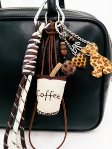 Coffee Brown Leopard Print Cute Key Bag Charm, Vintage And Artsy Sweet-Cool Style, Decorated With Coffee Cup, Heart, And Glasses Tassel Strap, Suitable For Key Storage, Bag Accessory, Perfect For Daily Commuting And Dates