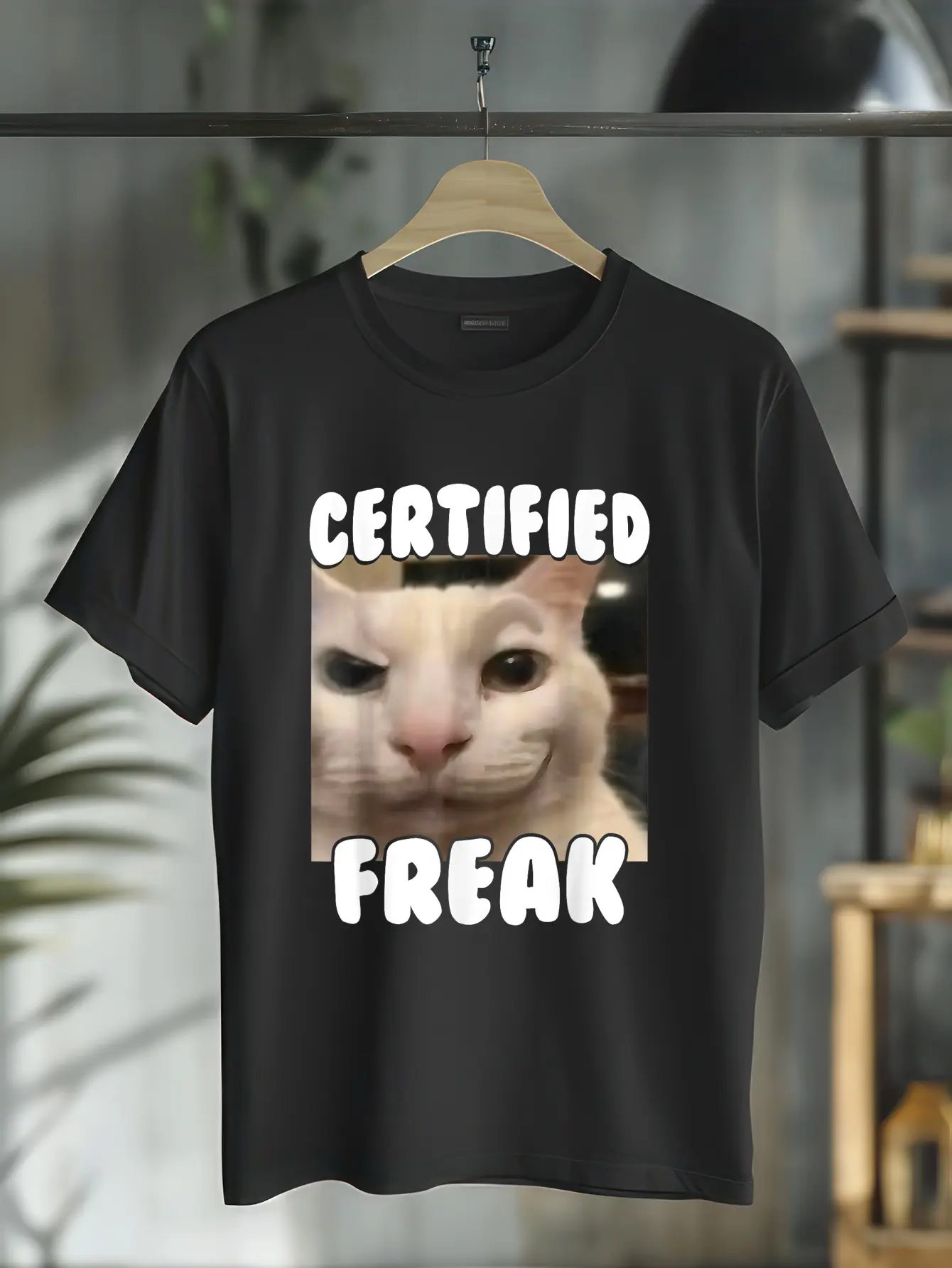 100% Cotton Certified Freak Funny Cursed Silly White Cat Staring Meme T-Shirt