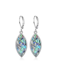 14K White Gold Plated Boho Abalone Shell Dangle Earrings for Women Filigree Leverback Earrings for Women Mom Wife